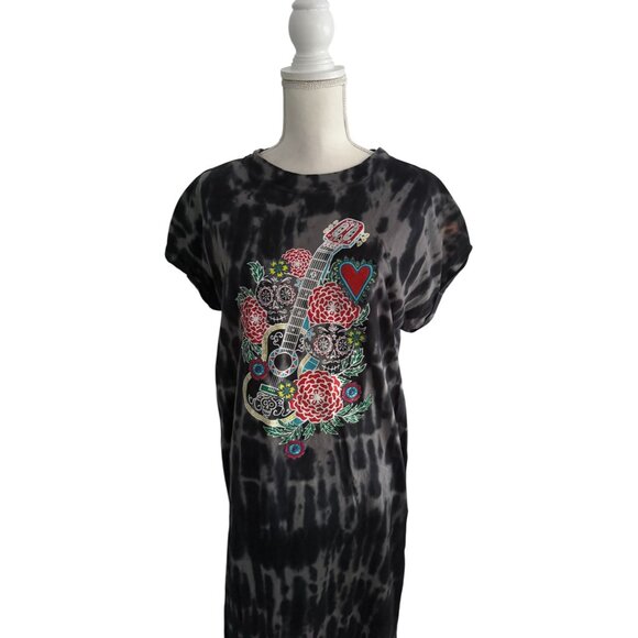DISNEY Coco Gray Guitar Floral Tie Dye Midi Short Sleeve Dress Size Medium - Picture 7 of 10